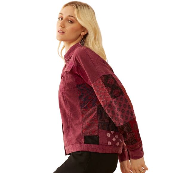 NWT Boutique Boho Chimson Trail Patchwork Button Front Jacket Berry - Picture 2 of 4